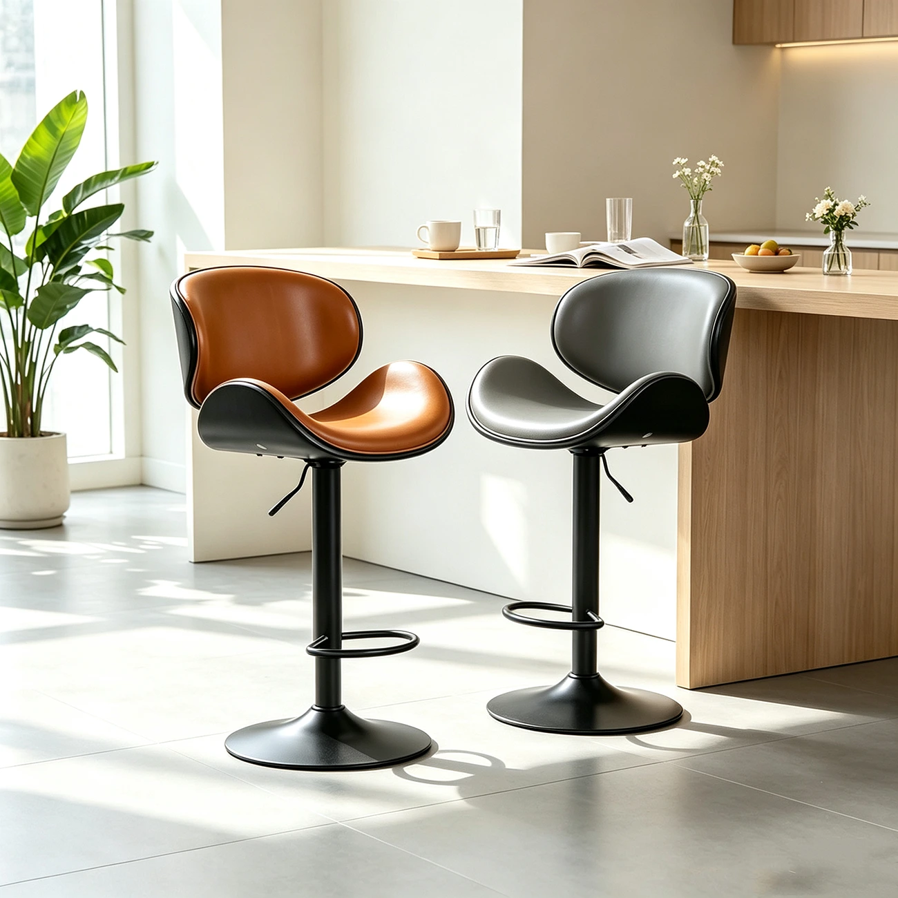 Modern Saddle Swivel Genuine Leather Pedestal Bar Stool Image - 5 | homeyfad