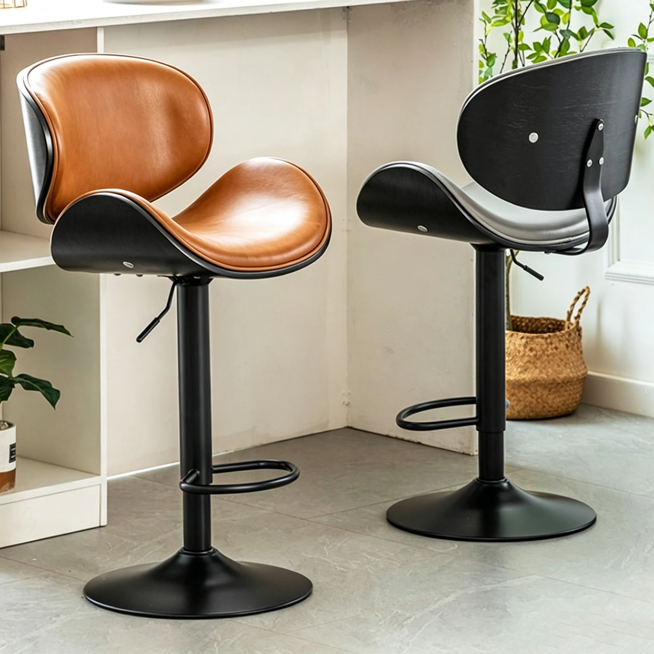 Modern Saddle Swivel Genuine Leather Pedestal Bar Stool Image - 1 | homeyfad