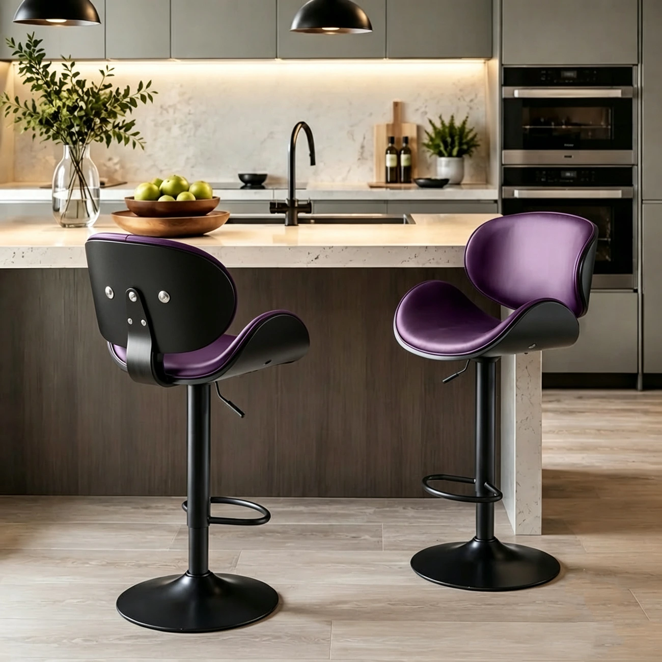 Modern Saddle Swivel Genuine Leather Pedestal Bar Stool Image - 2 | homeyfad