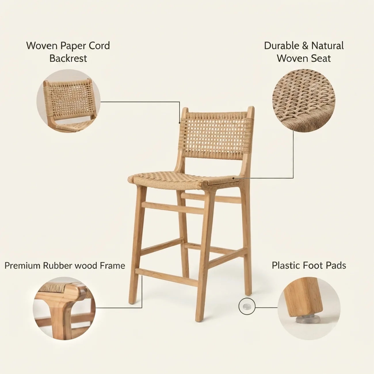 Scandinavian Solid Wood Counter Stool Woven Cord Backrest Image - 5 | homeyfad