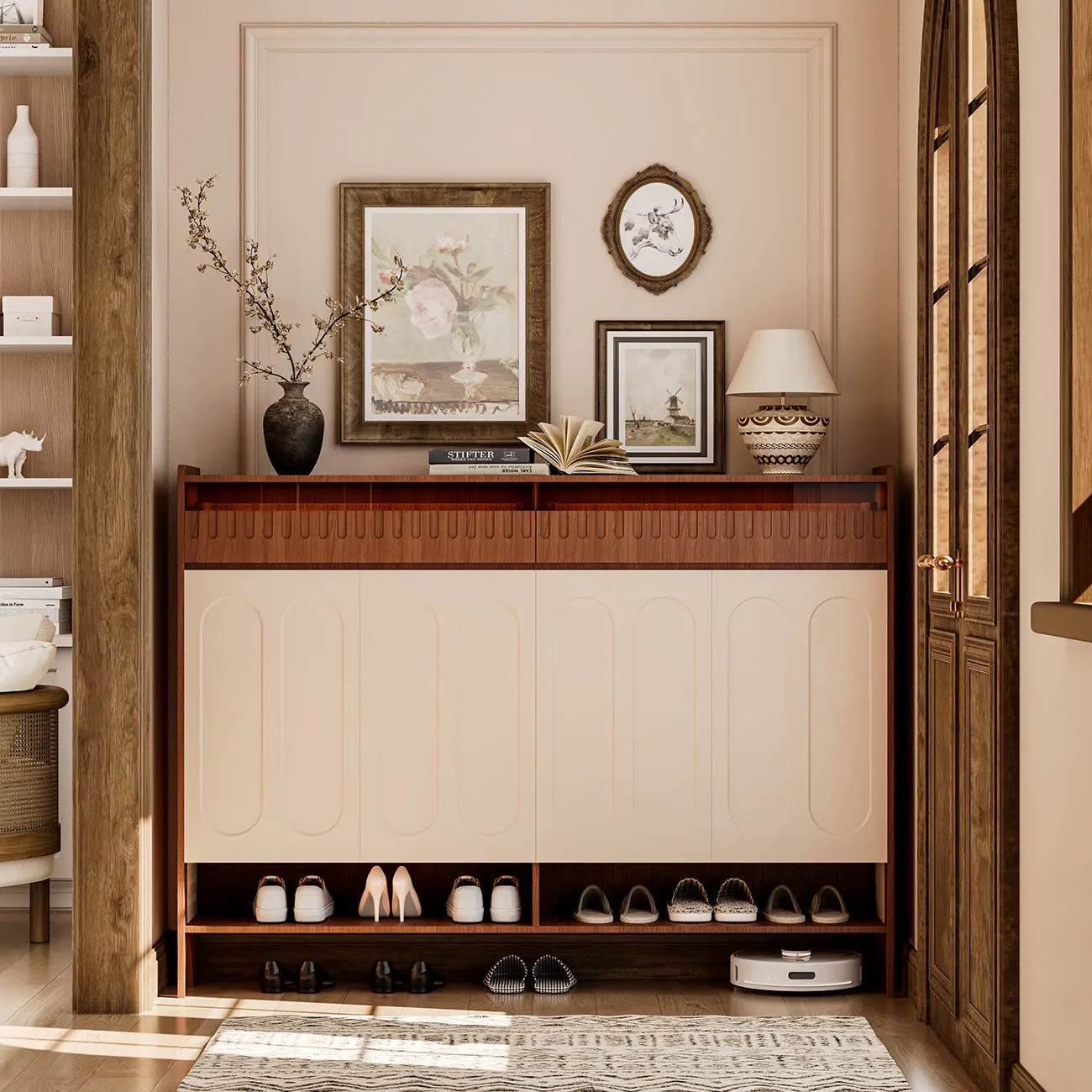 Modern Solid Wood Entryway Shoe Cabinet With Side Pegboard Storage Image - 1 | homeyfad