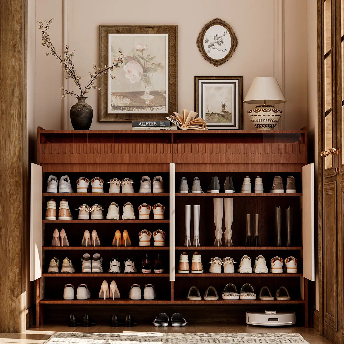Modern Solid Wood Entryway Shoe Cabinet With Side Pegboard Storage Image - 2 | homeyfad