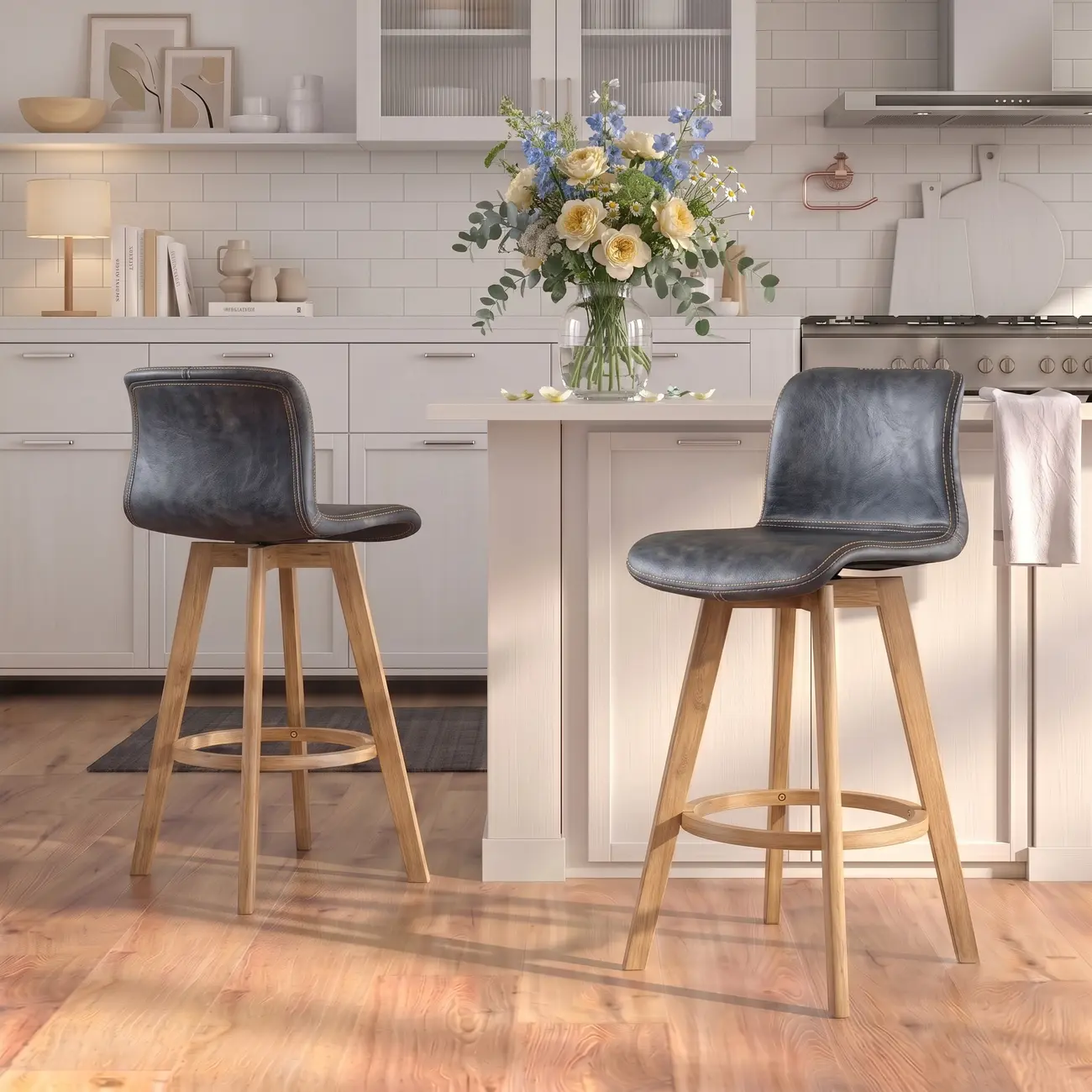 Saddle Seat Leather Counter Height Low Back Swivel Bar Stools Image - 2