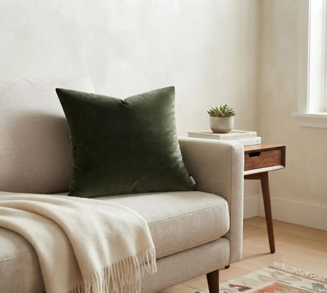 Minimalist 20" Green Velvet Throw Pillow with Goose Feather Filling Image - 4 | homeyfad