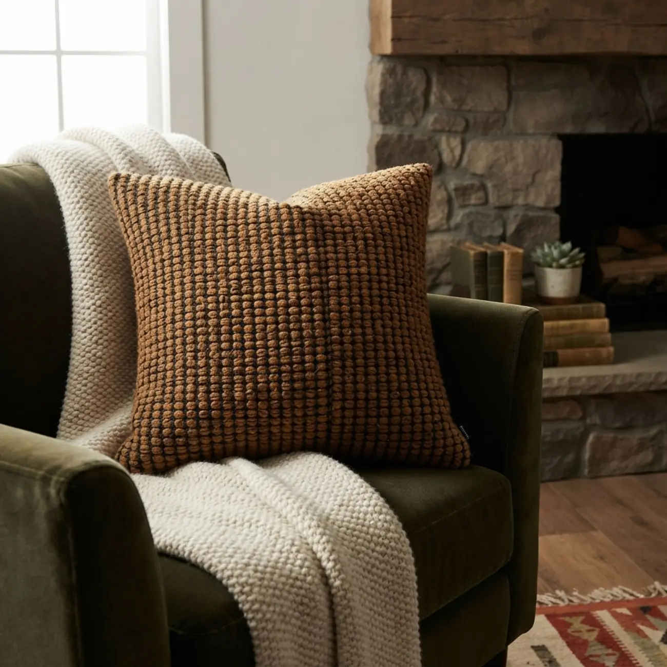 20" Rustic Brown Woven Wool Blend Textured Throw Pillow Image - 3 | homeyfad