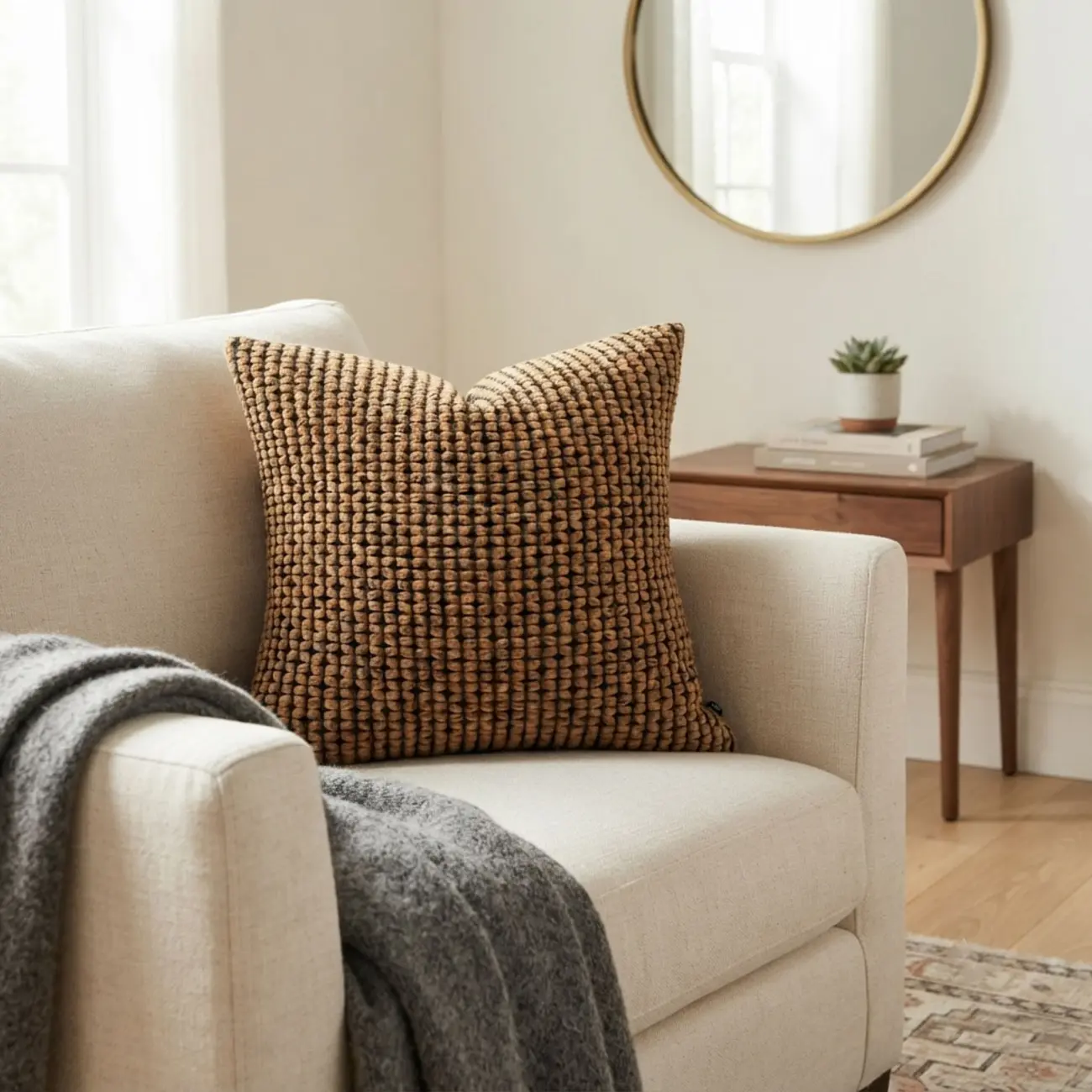 20" Rustic Brown Woven Wool Blend Textured Throw Pillow Image - 1 | homeyfad
