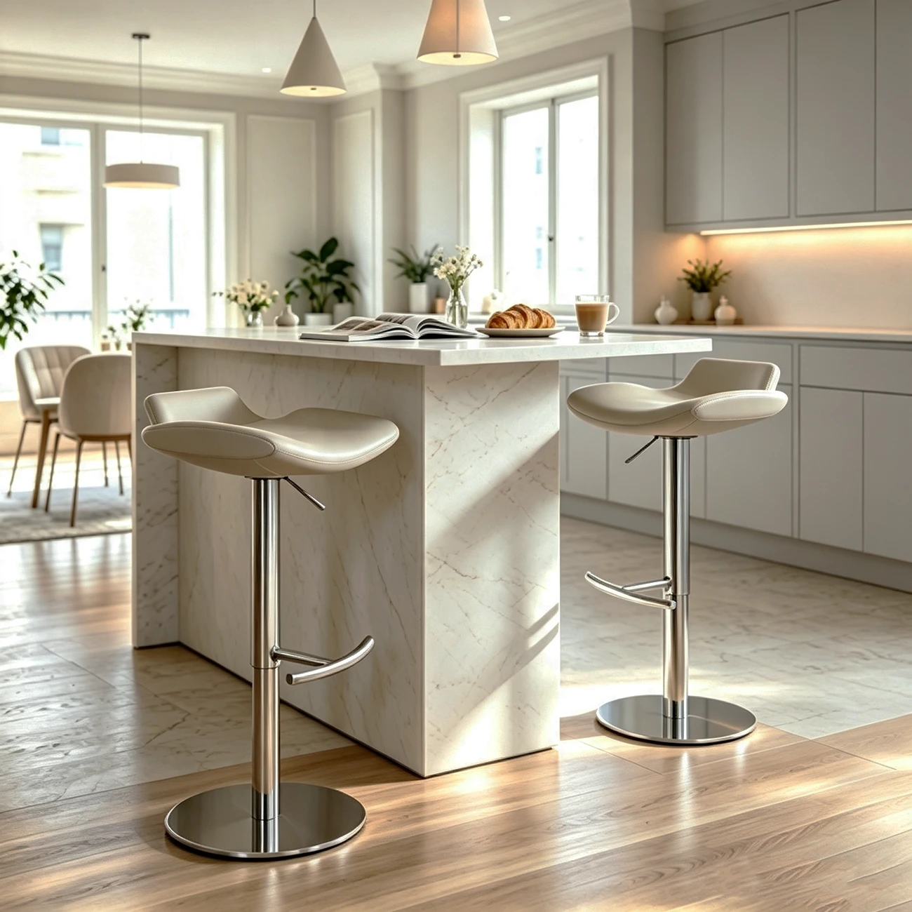 Adjustable Modern Genuine Leather Swivel Bar Stools With Footrest Image - 1 | homeyfad