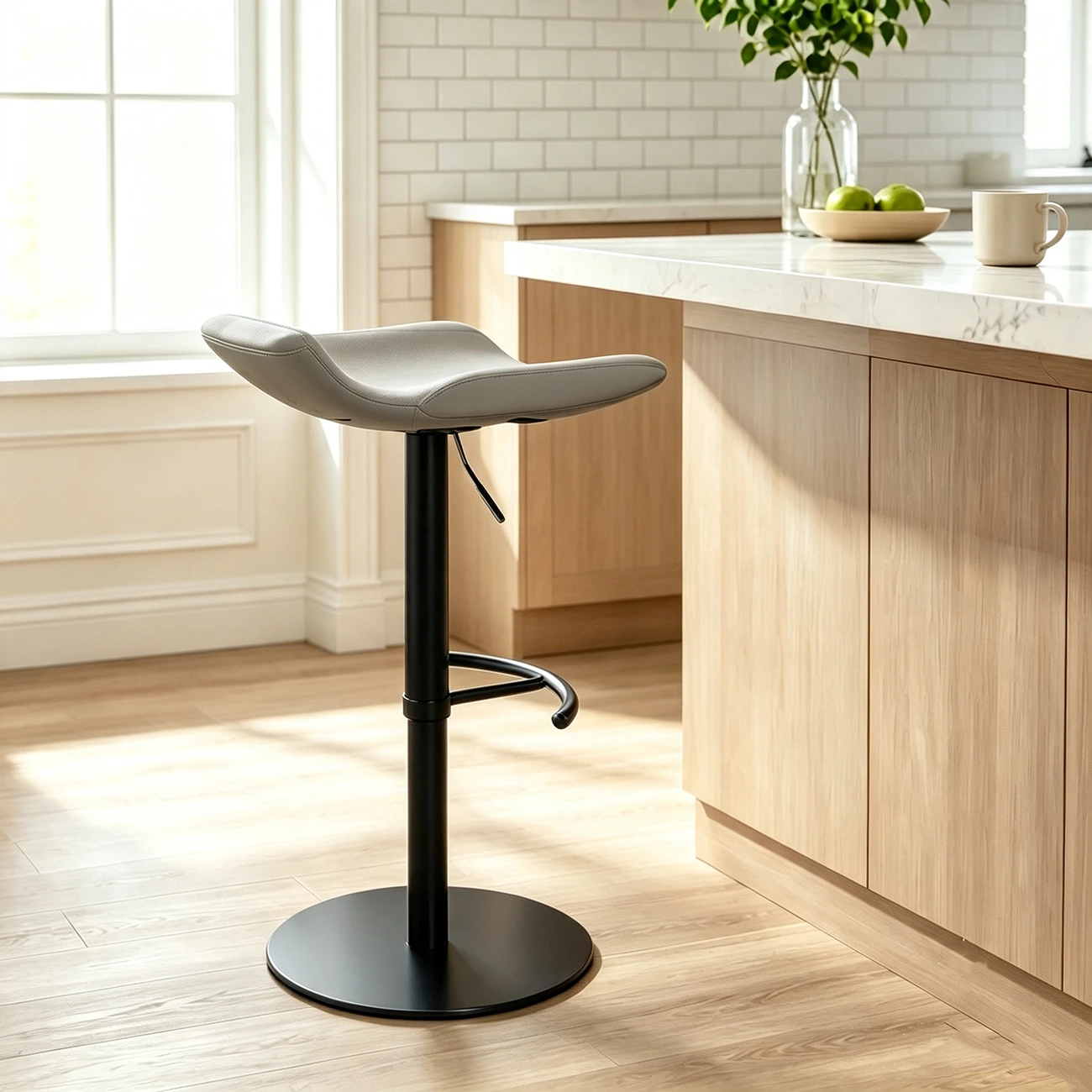 Adjustable Modern Genuine Leather Swivel Bar Stools With Footrest Image - 12 | homeyfad