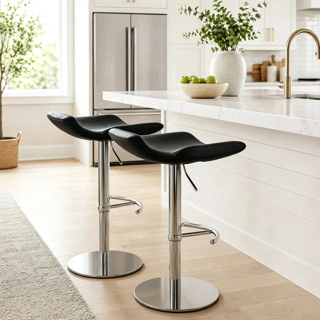 Adjustable Modern Genuine Leather Swivel Bar Stools With Footrest Image - 3 | homeyfad