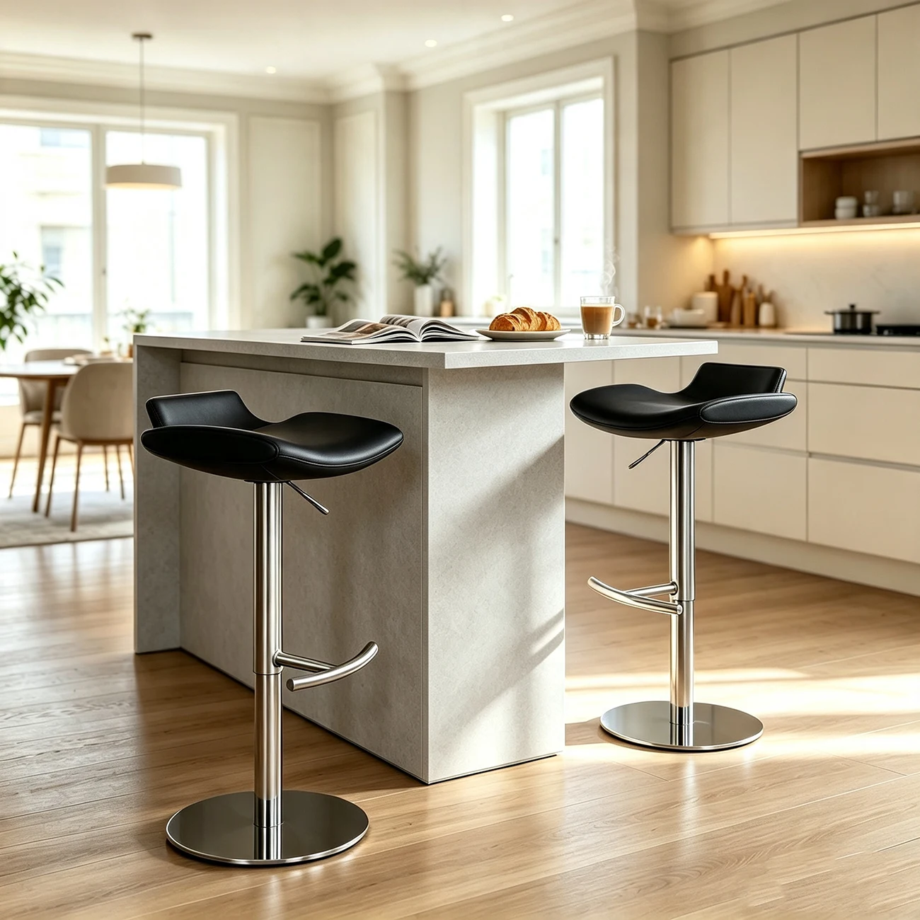 Adjustable Modern Genuine Leather Swivel Bar Stools With Footrest Image - 2 | homeyfad