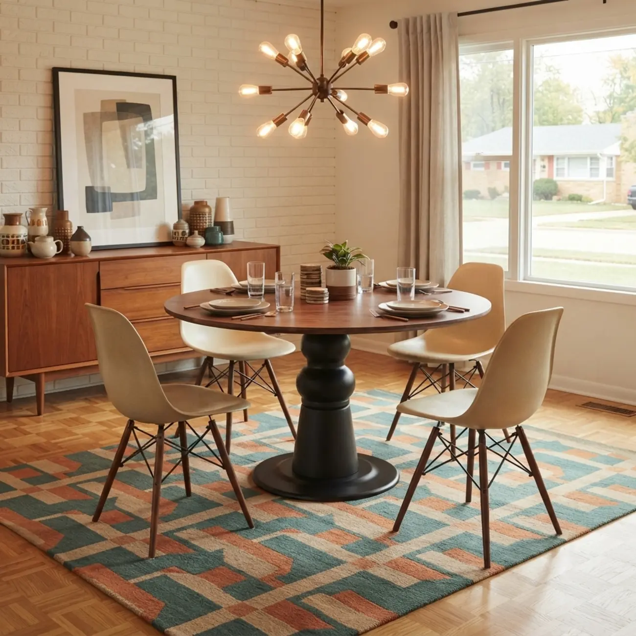 Mid-Century Modern Solid Wood Round Dining Table with Oak Pedestal Image - 4 | homeyfad