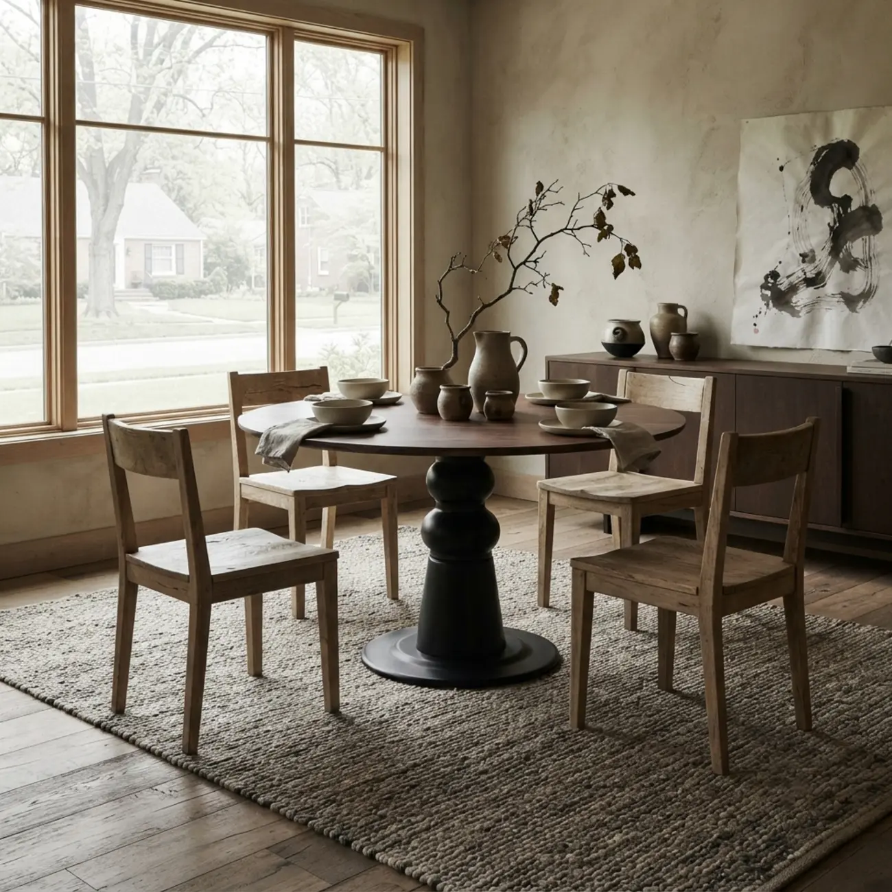 Mid-Century Modern Solid Wood Round Dining Table with Oak Pedestal Image - 9 | homeyfad