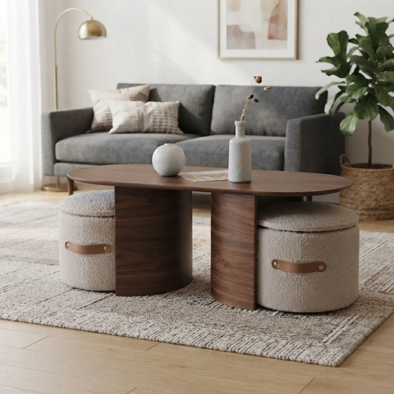Modern Oval Wood Nesting Coffee Table With Hidden Storage Image - 6 | homeyfad