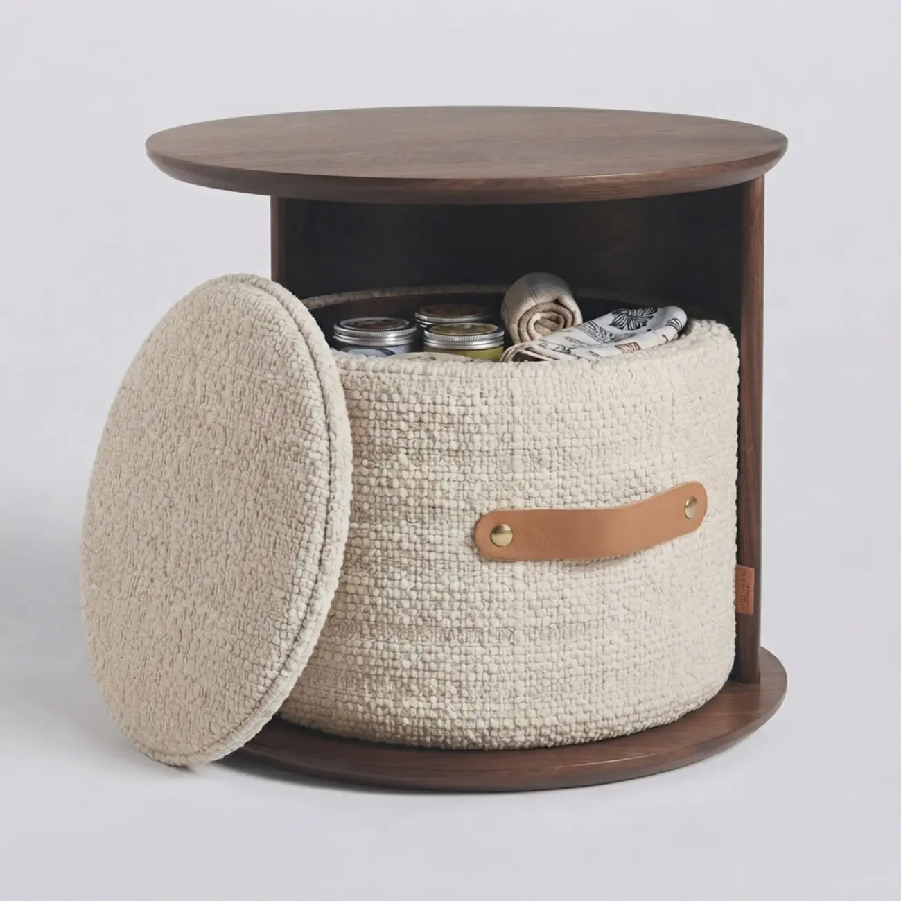 Mid-century Modern Round Storage Side Table With Cotton-linen Basket Image - 6 | homeyfad
