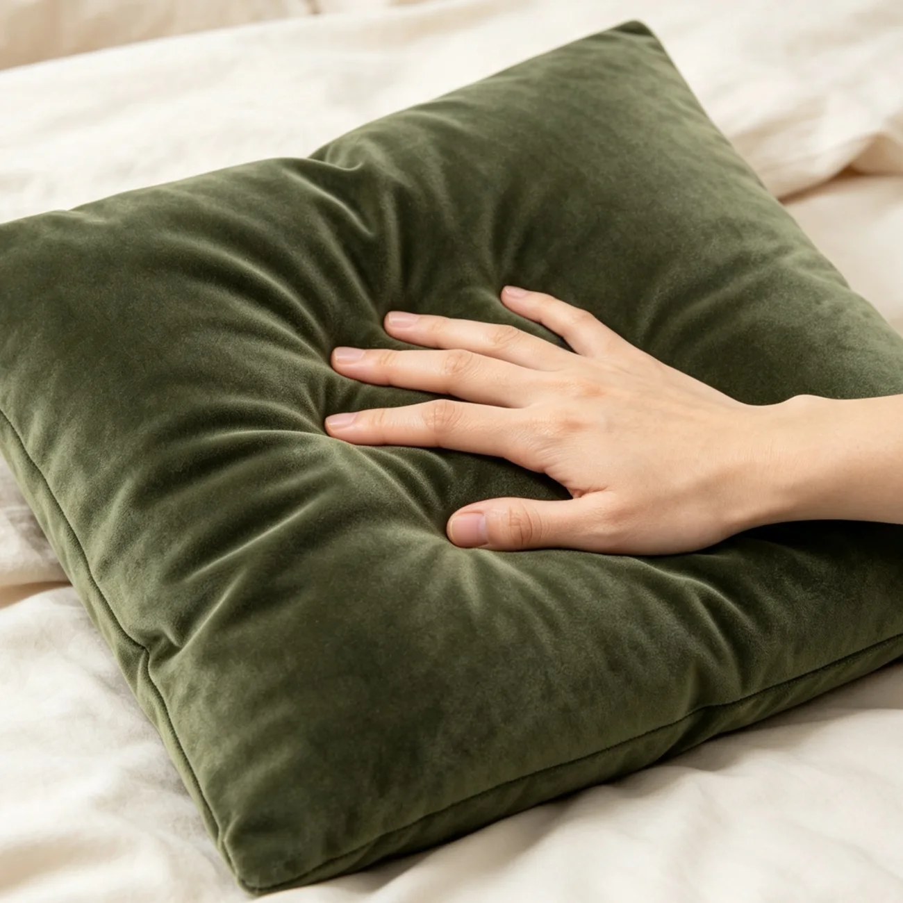 Minimalist 20" Green Velvet Throw Pillow with Goose Feather Filling Image - 6 | homeyfad