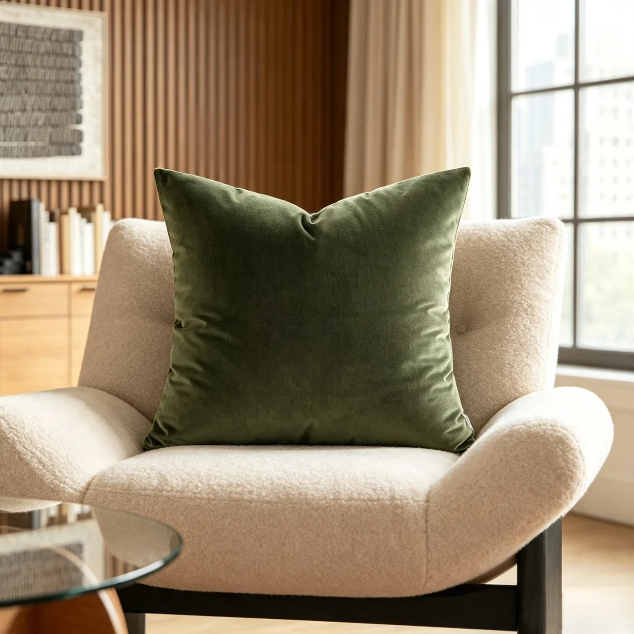 Minimalist 20" Green Velvet Throw Pillow with Goose Feather Filling Image - 9 | homeyfad