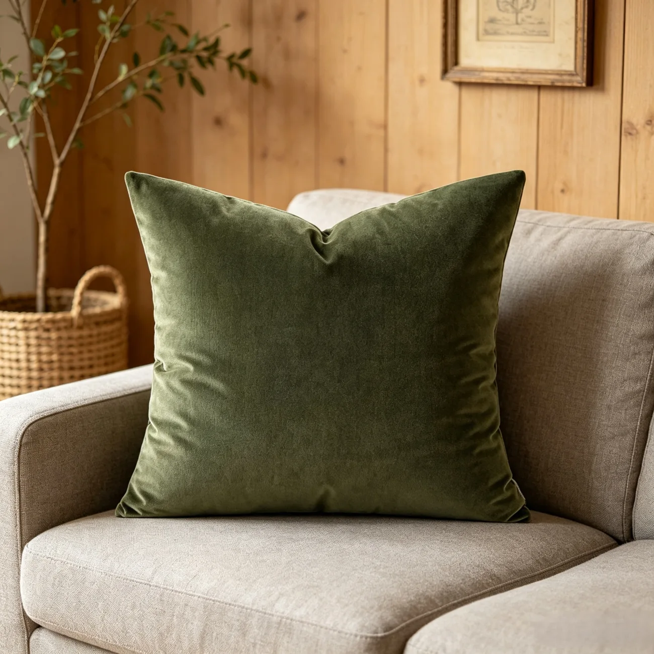 Minimalist 20" Green Velvet Throw Pillow with Goose Feather Filling Image - 1 | homeyfad