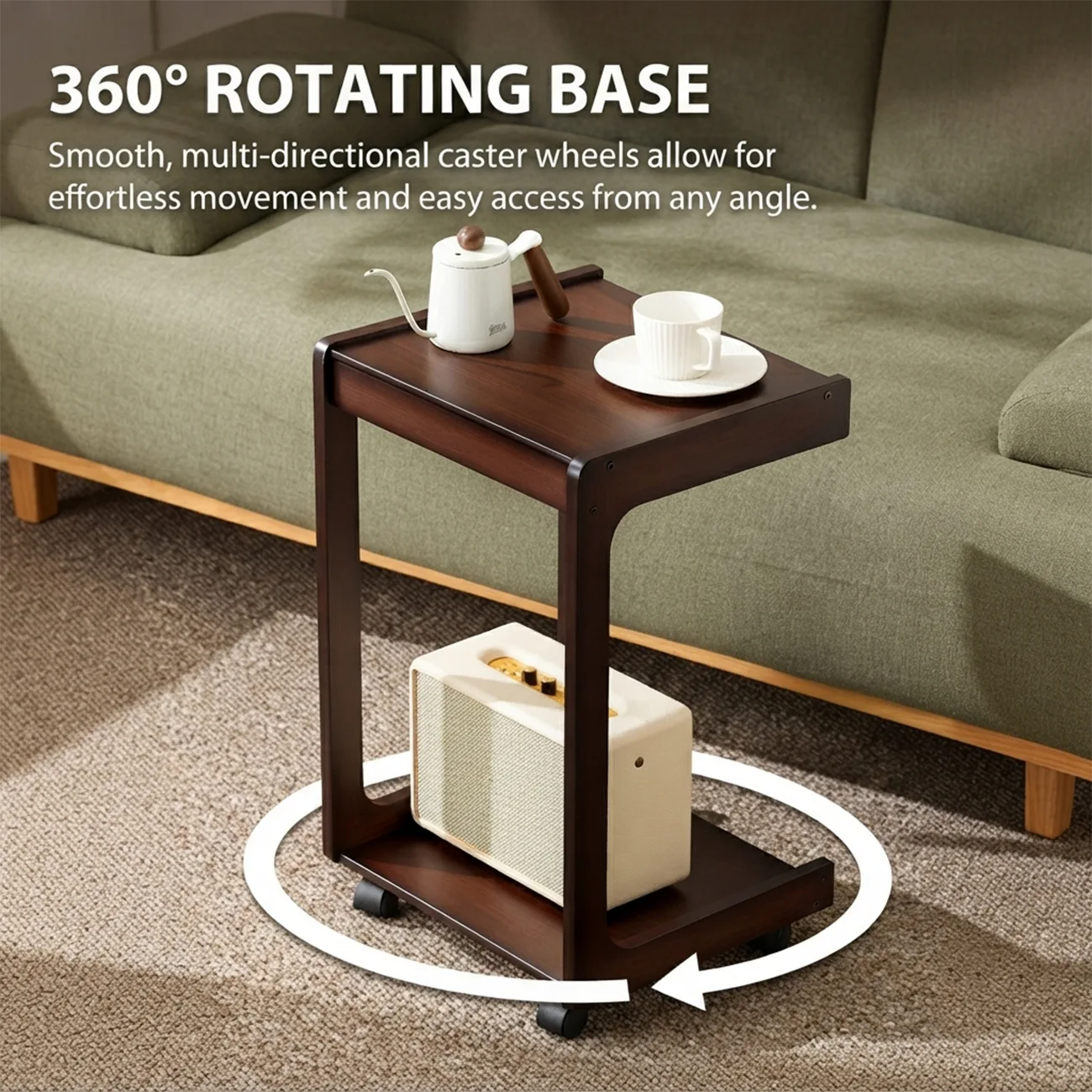 Modern Rolling Bamboo C-Shaped Side Table with Drawer Image - 6 | homeyfad