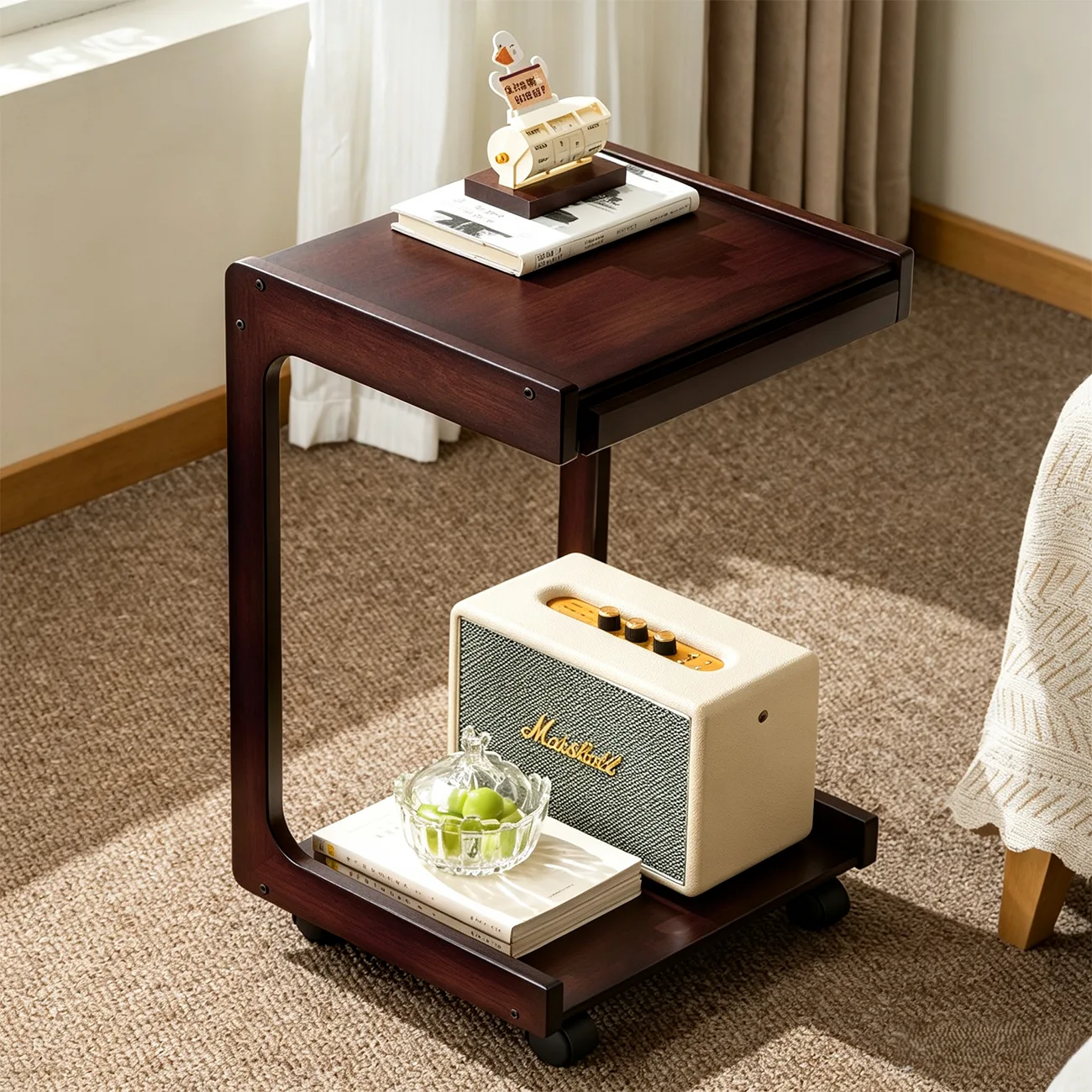 Modern Rolling Bamboo C-Shaped Side Table with Drawer Image - 1 | homeyfad