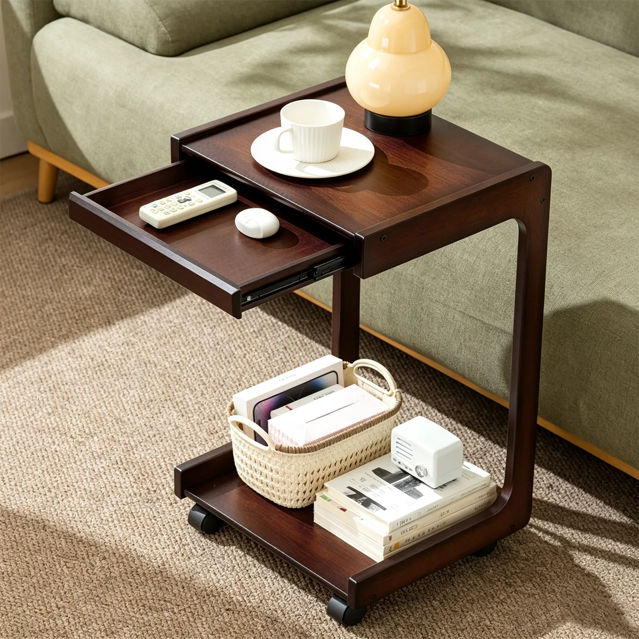 Modern Rolling Bamboo C-Shaped Side Table with Drawer Image - 2 | homeyfad