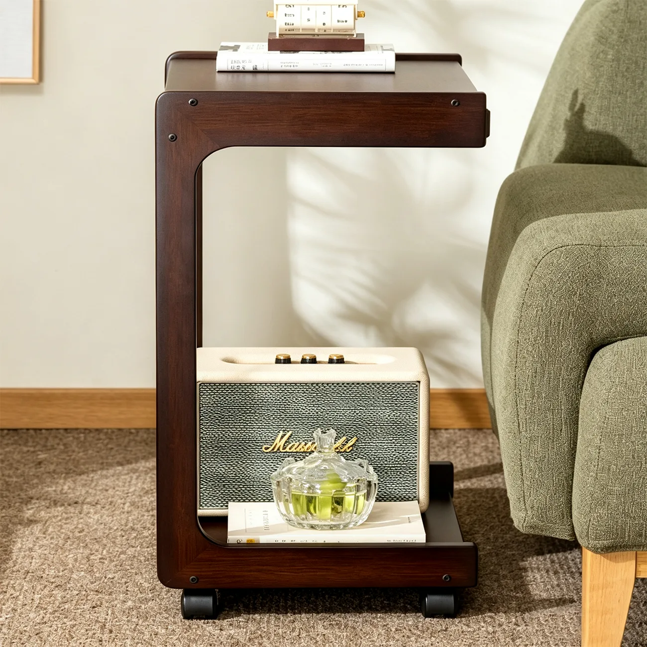 Modern Rolling Bamboo C-Shaped Side Table with Drawer Image - 5 | homeyfad