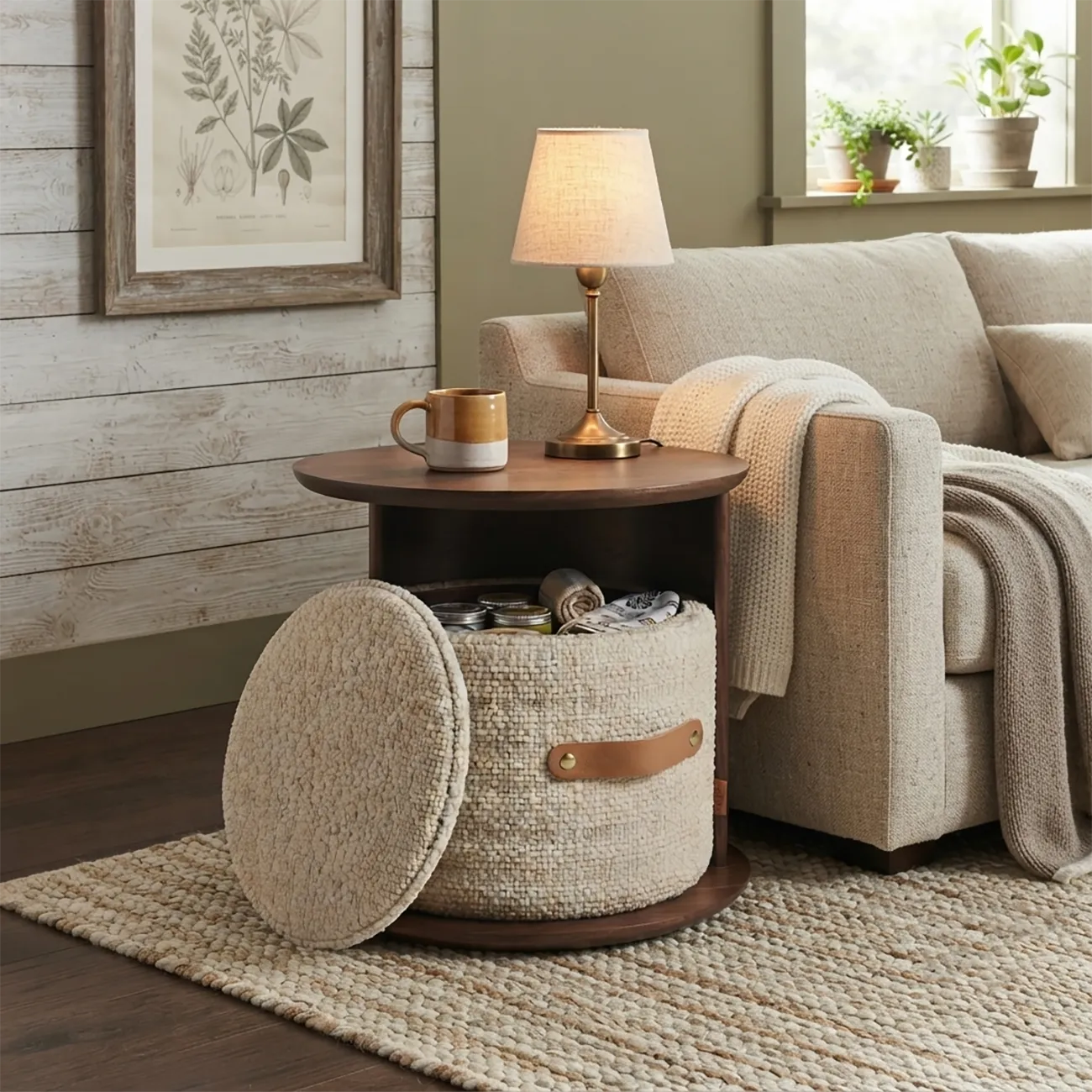 Mid-century Modern Round Storage Side Table With Cotton-linen Basket Image - 1 | homeyfad