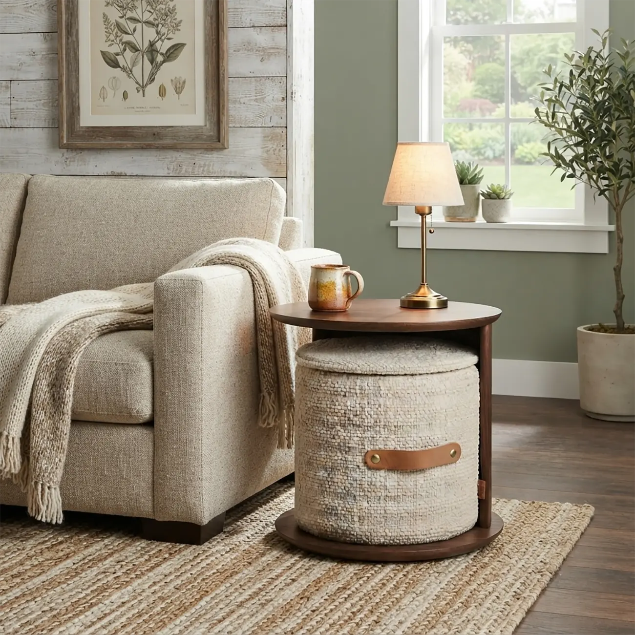 Mid-century Modern Round Storage Side Table With Cotton-linen Basket Image - 3 | homeyfad