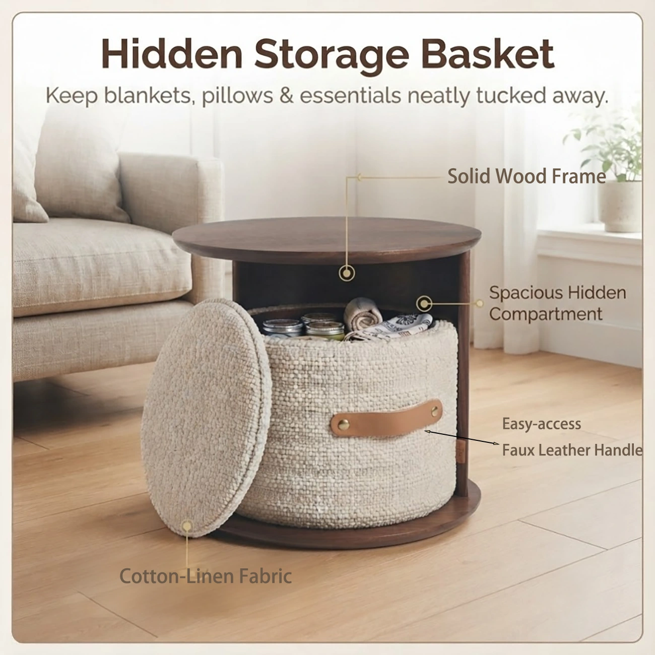 Mid-century Modern Round Storage Side Table With Cotton-linen Basket Image - 4 | homeyfad