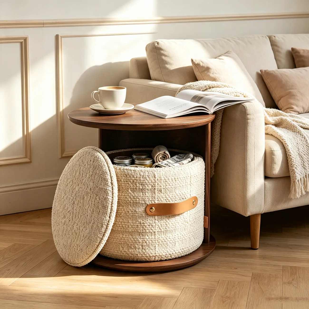 Mid-century Modern Round Storage Side Table With Cotton-linen Basket Image - 5 | homeyfad