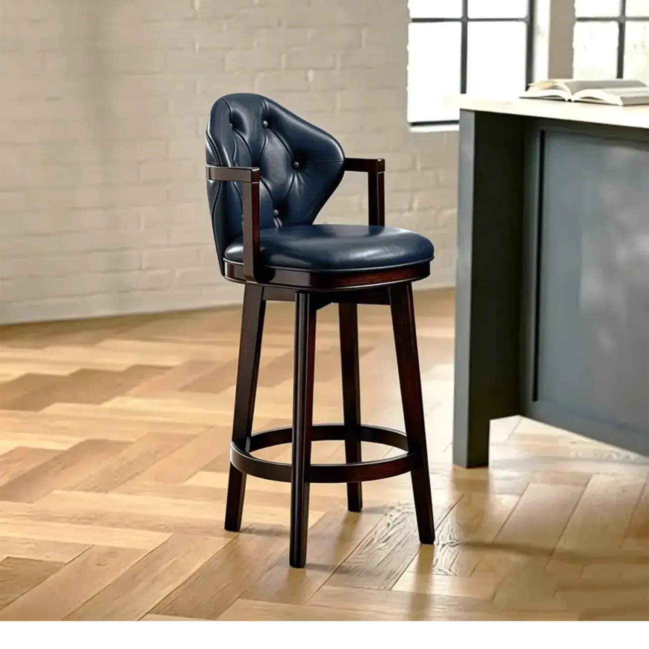 Genuine Leather Traditional Wingback Swivel Bar Stool Solid Wood Image - 24 | homeyfad