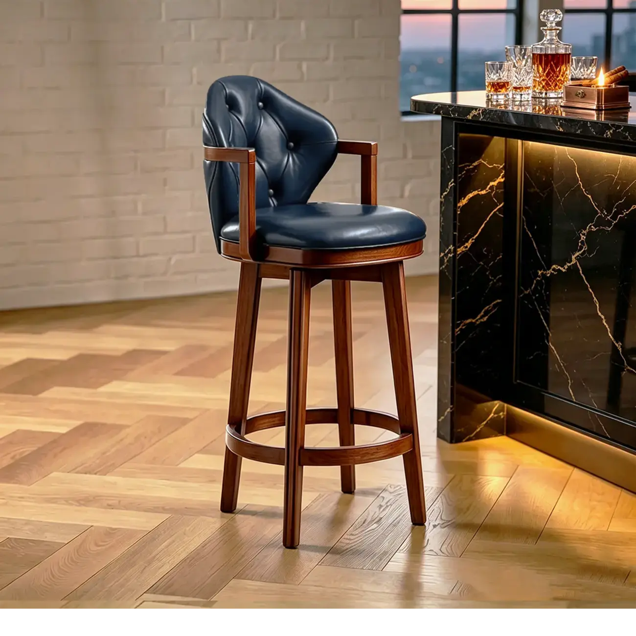 Genuine Leather Traditional Wingback Swivel Bar Stool Solid Wood Image - 23 | homeyfad