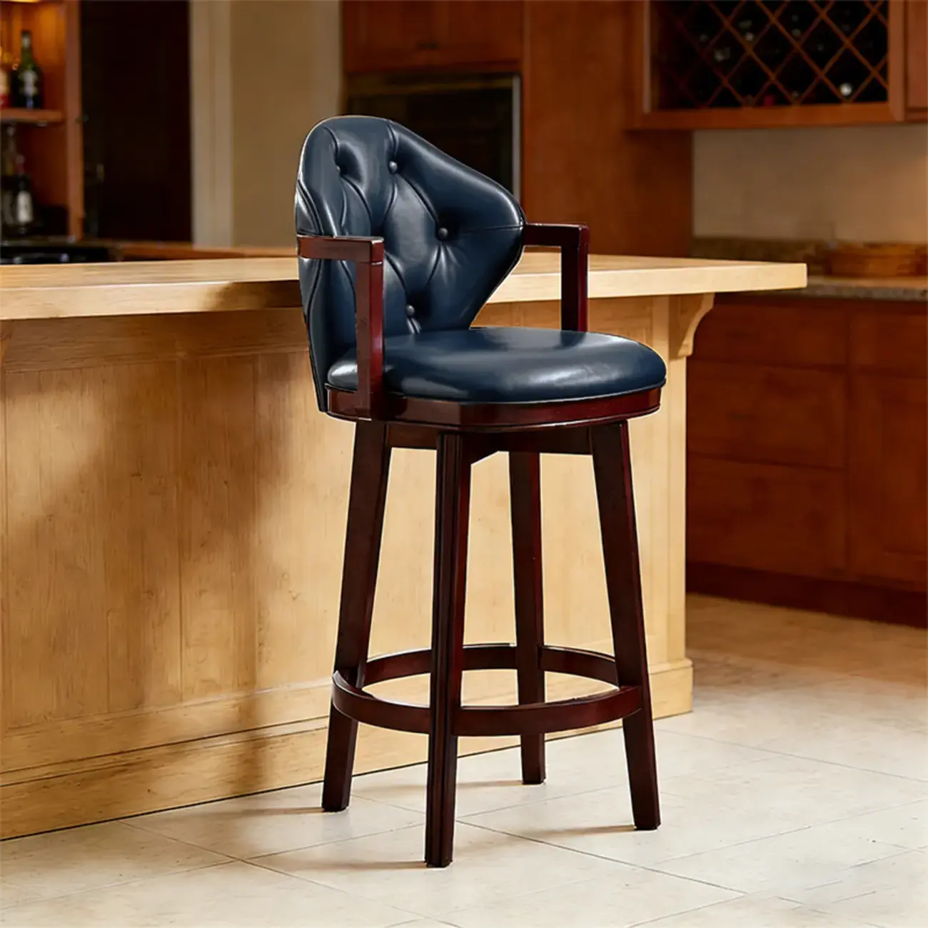 Genuine Leather Traditional Wingback Swivel Bar Stool Solid Wood Image - 22 | homeyfad