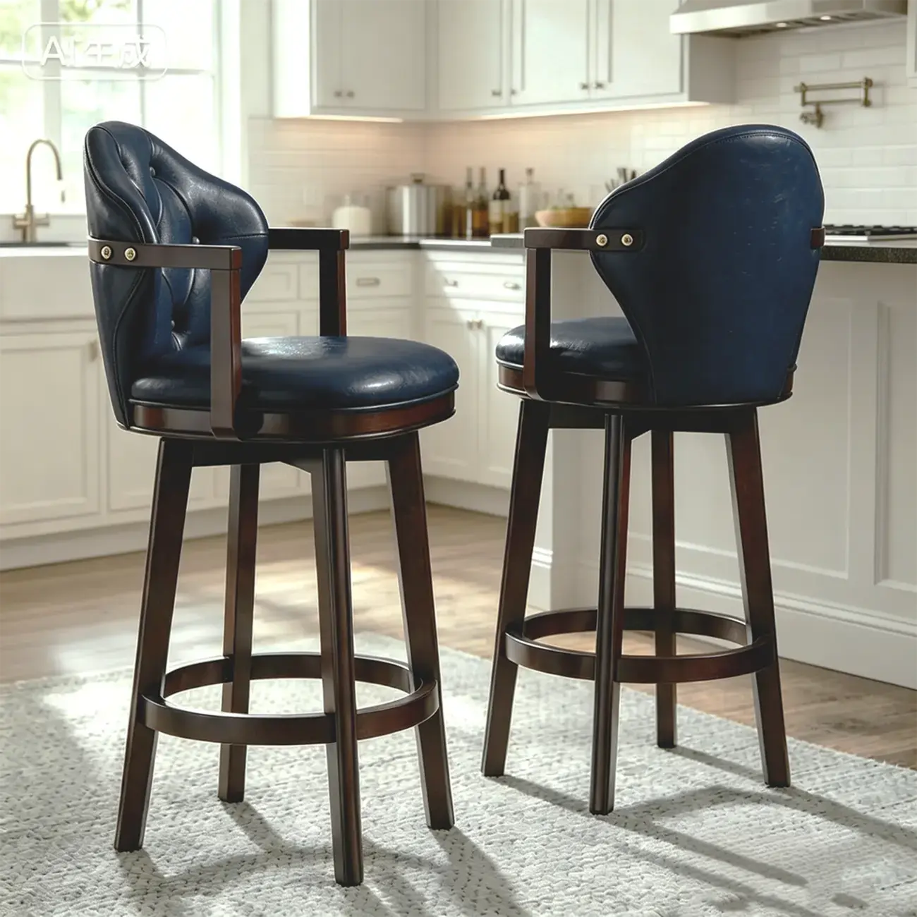Genuine Leather Traditional Wingback Swivel Bar Stool Solid Wood Image - 3 | homeyfad