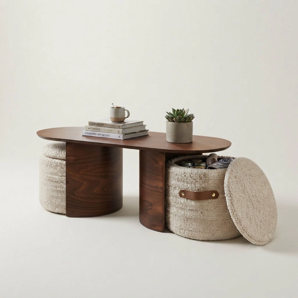 Modern Oval Wood Nesting Coffee Table With Hidden Storage Image - 8 | homeyfad