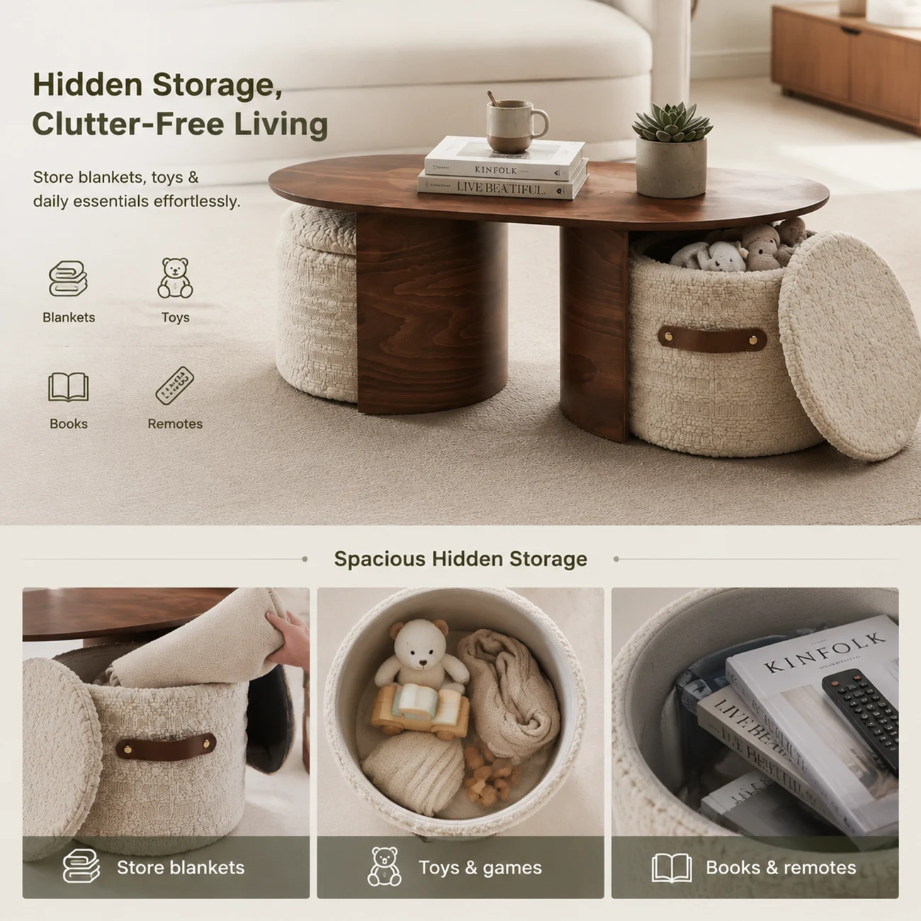 Modern Oval Wood Nesting Coffee Table With Hidden Storage Image - 3 | homeyfad