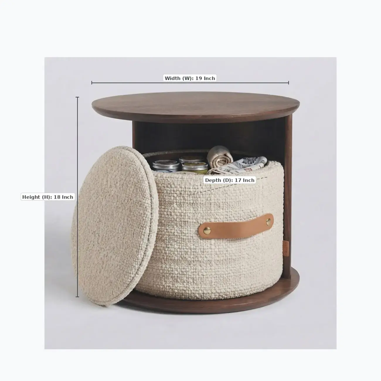 Mid-century Modern Round Storage Side Table With Cotton-linen Basket Image - 8 | homeyfad