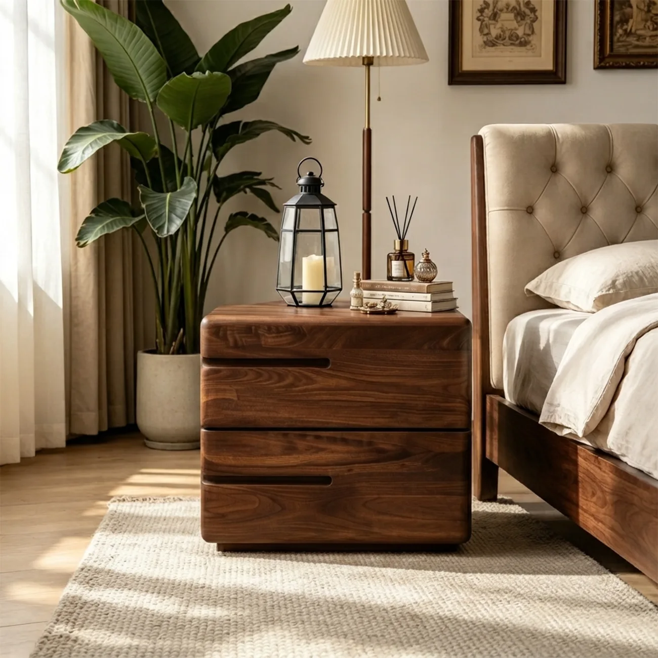 Nordic Dark Walnut Solid Wood Nightstand with 2 Drawers Image - 2 | homeyfad