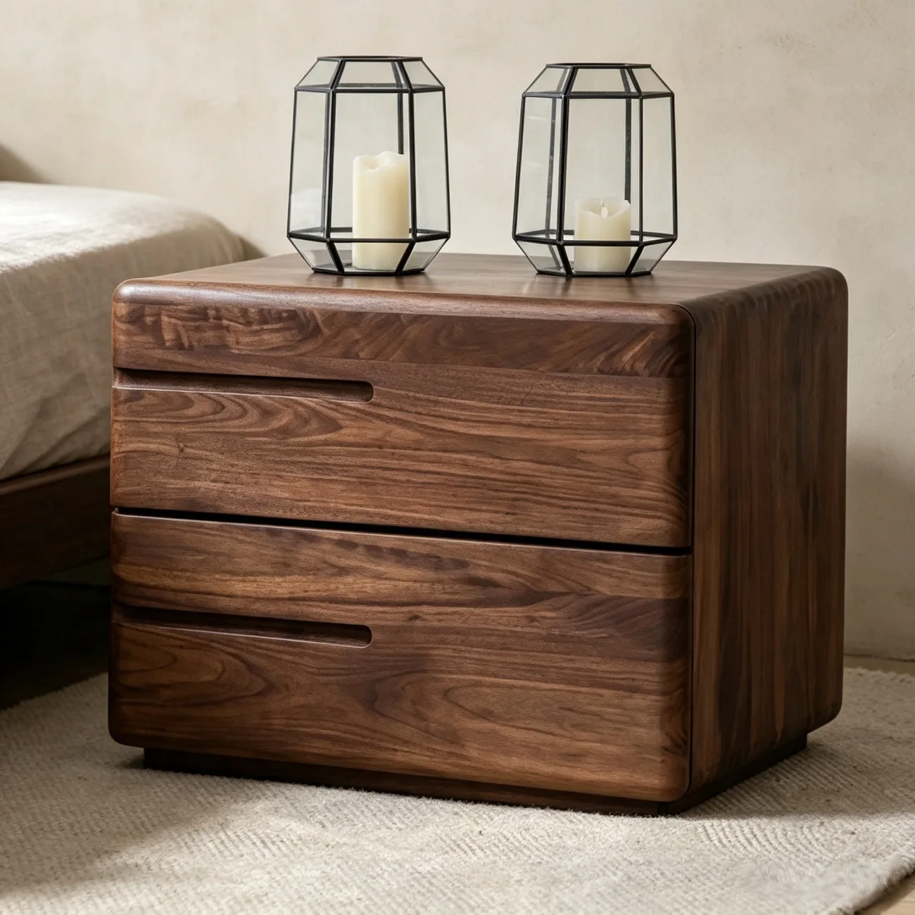 Nordic Dark Walnut Solid Wood Nightstand with 2 Drawers Image - 1 | homeyfad