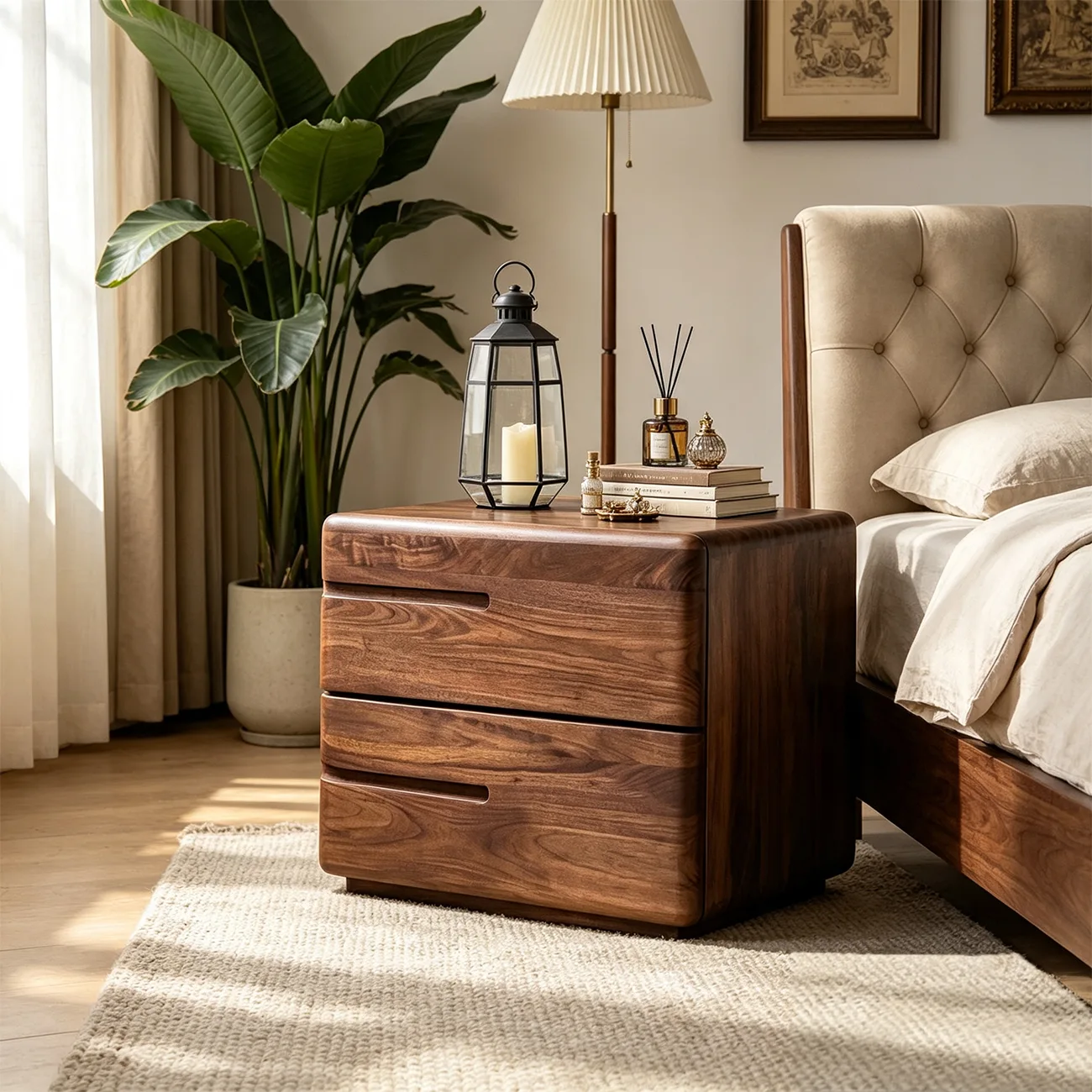 Nordic Dark Walnut Solid Wood Nightstand with 2 Drawers Image - 3 | homeyfad