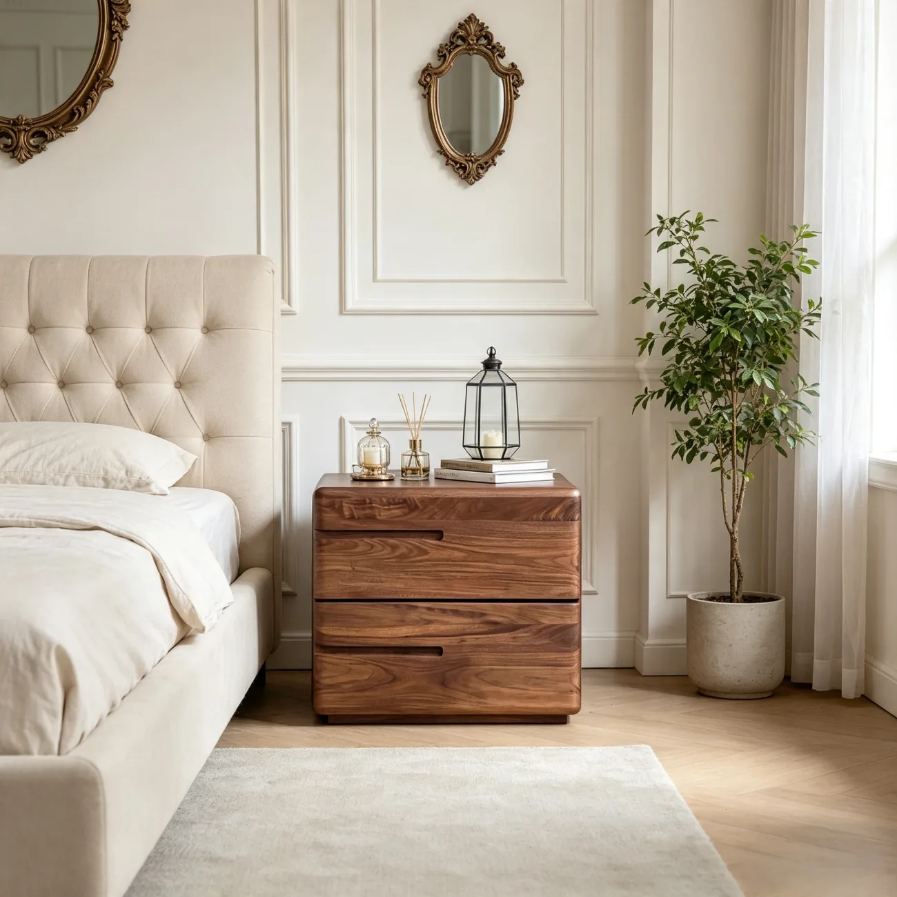 Nordic Dark Walnut Solid Wood Nightstand with 2 Drawers Image - 4 | homeyfad