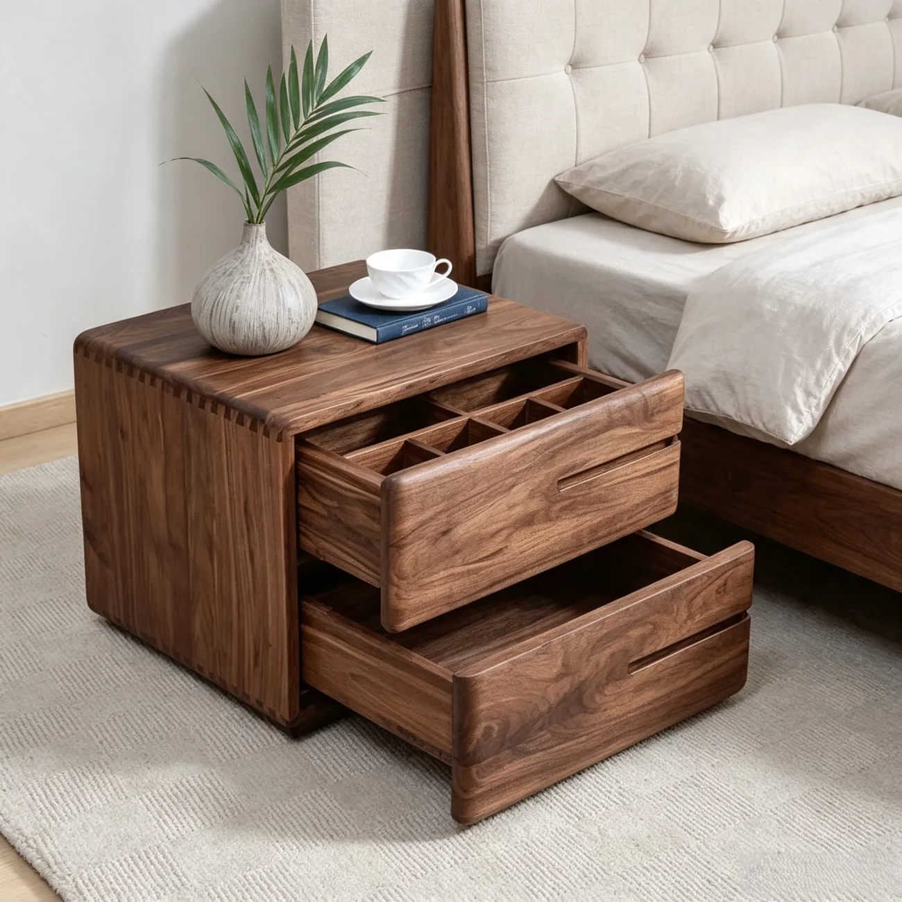 Nordic Dark Walnut Solid Wood Nightstand with 2 Drawers Image - 5 | homeyfad