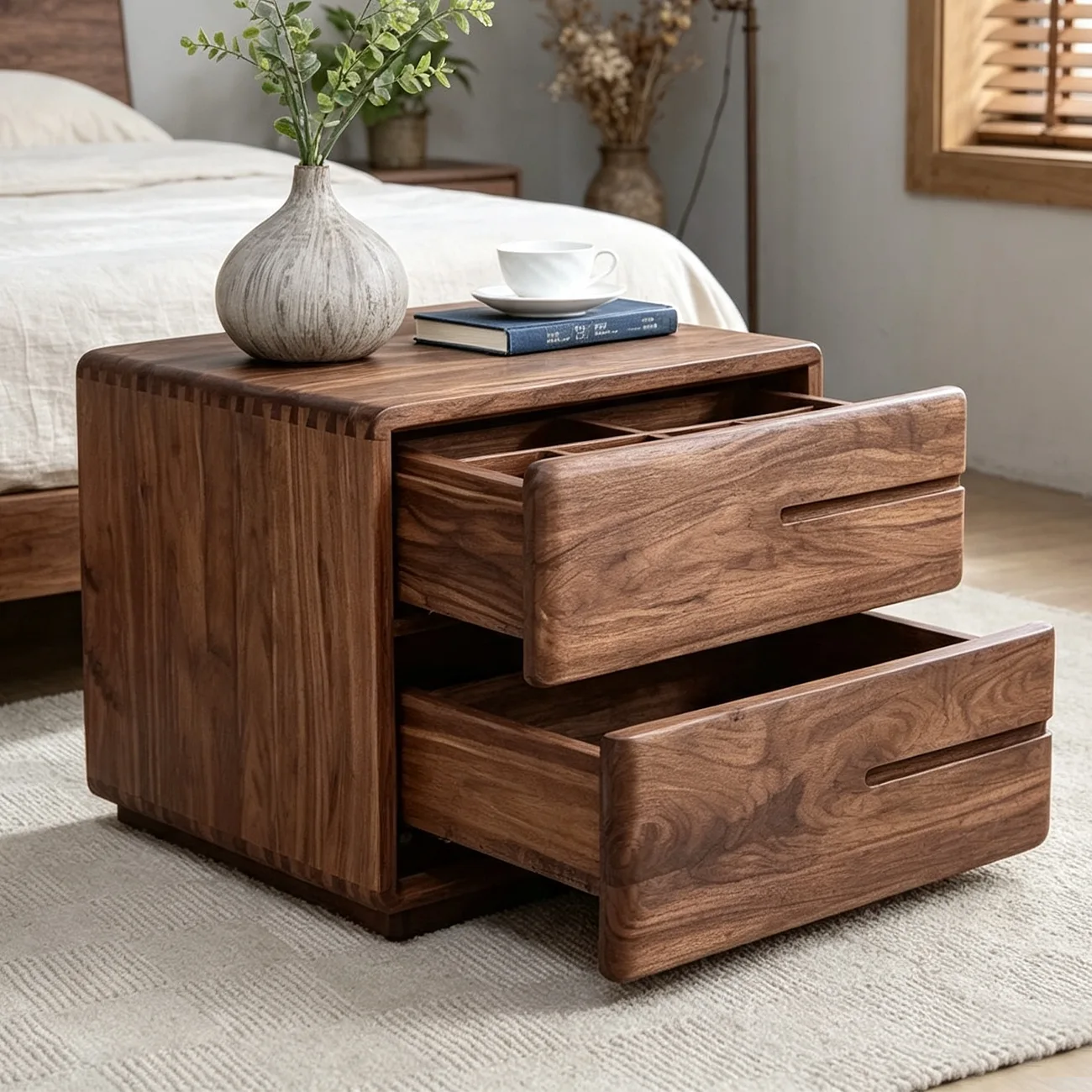 Nordic Dark Walnut Solid Wood Nightstand with 2 Drawers Image - 6 | homeyfad