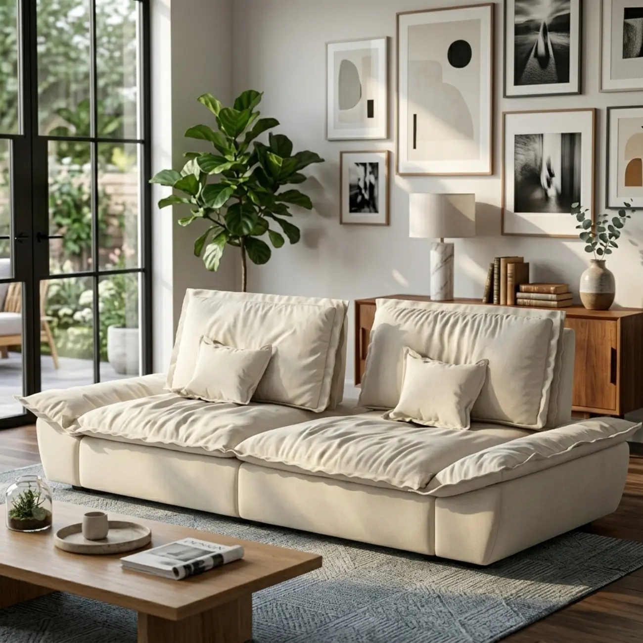 Beige Low-profile Cloud Sofa With Adjustable Backrest And Pillows Image - 14 | homeyfad