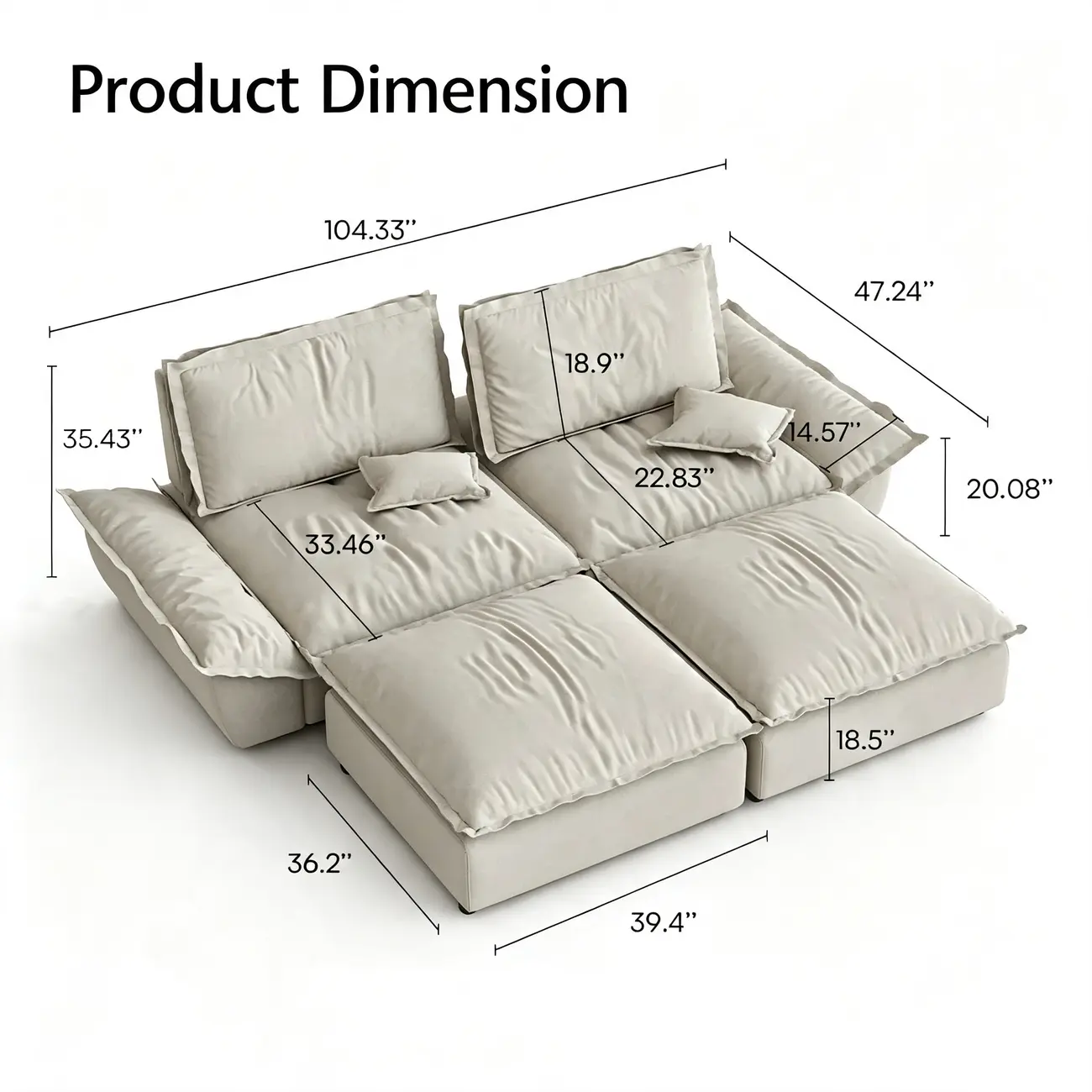 Beige Low-profile Cloud Sofa With Adjustable Backrest And Pillows Image - 17 | homeyfad