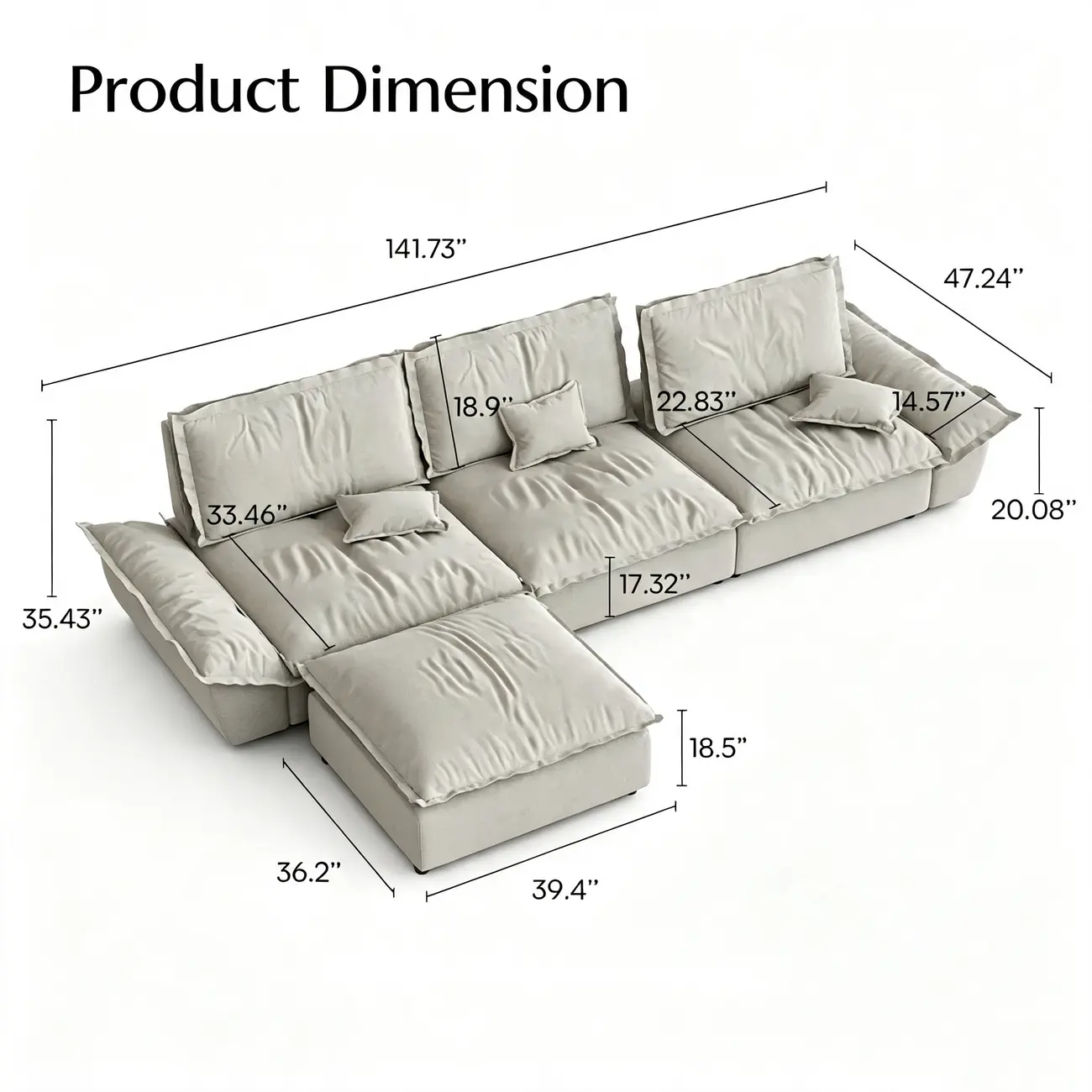Beige Low-profile Cloud Sofa With Adjustable Backrest And Pillows Image - 16 | homeyfad