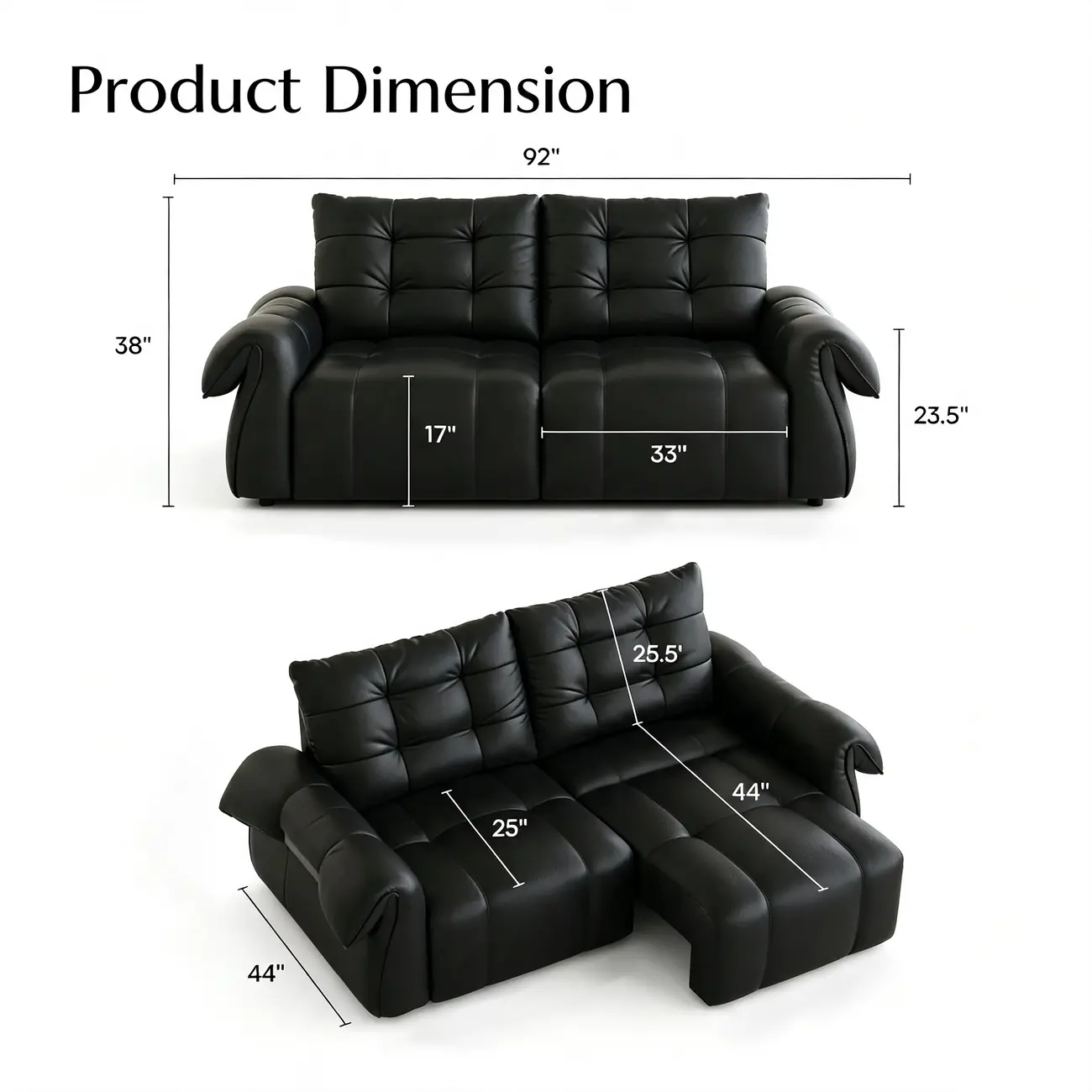 Modern Tufted Top-Grain Leather Power Sofa Bed with Extended Seat Depth #size | homeyfad