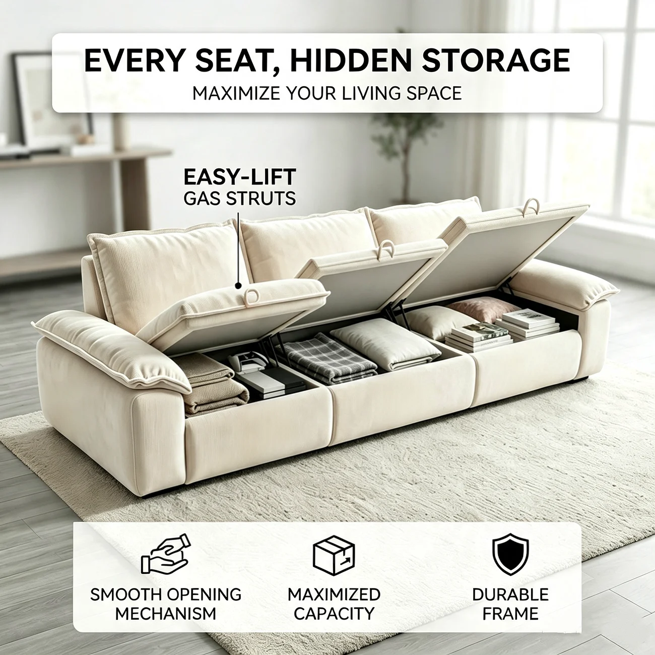 Living Room Modern Chenille Cloud Sectional Sofa With Hidden Storage Image - 4 | homeyfad