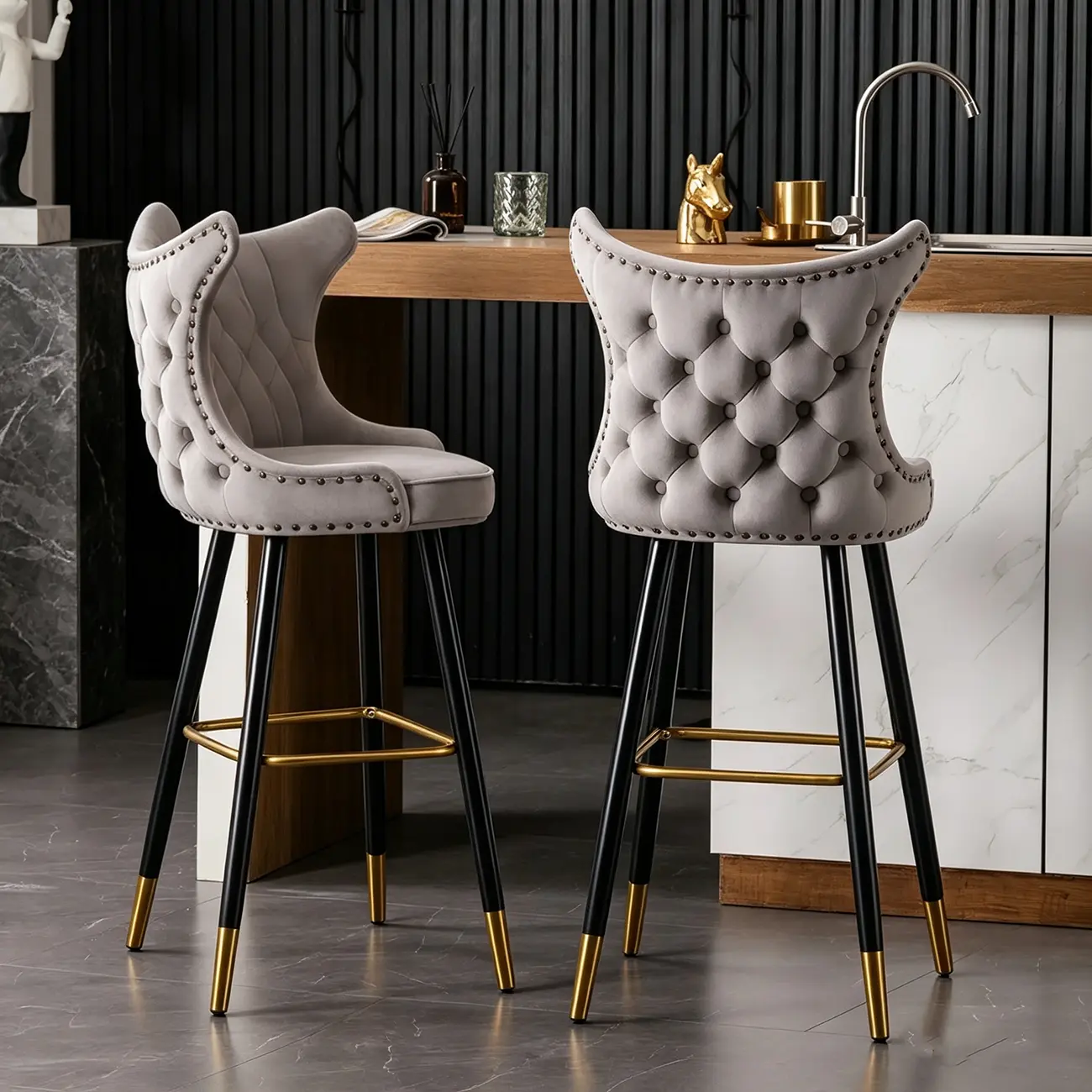 Velvet Upholstered Wingback Counter Height Bar Stools Image - 3 | homeyfad