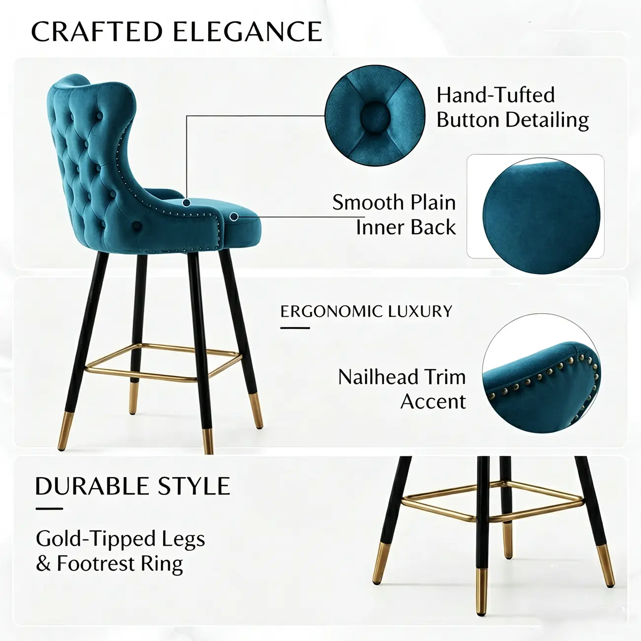 Velvet Upholstered Wingback Counter Height Bar Stools Image - 4 | homeyfad