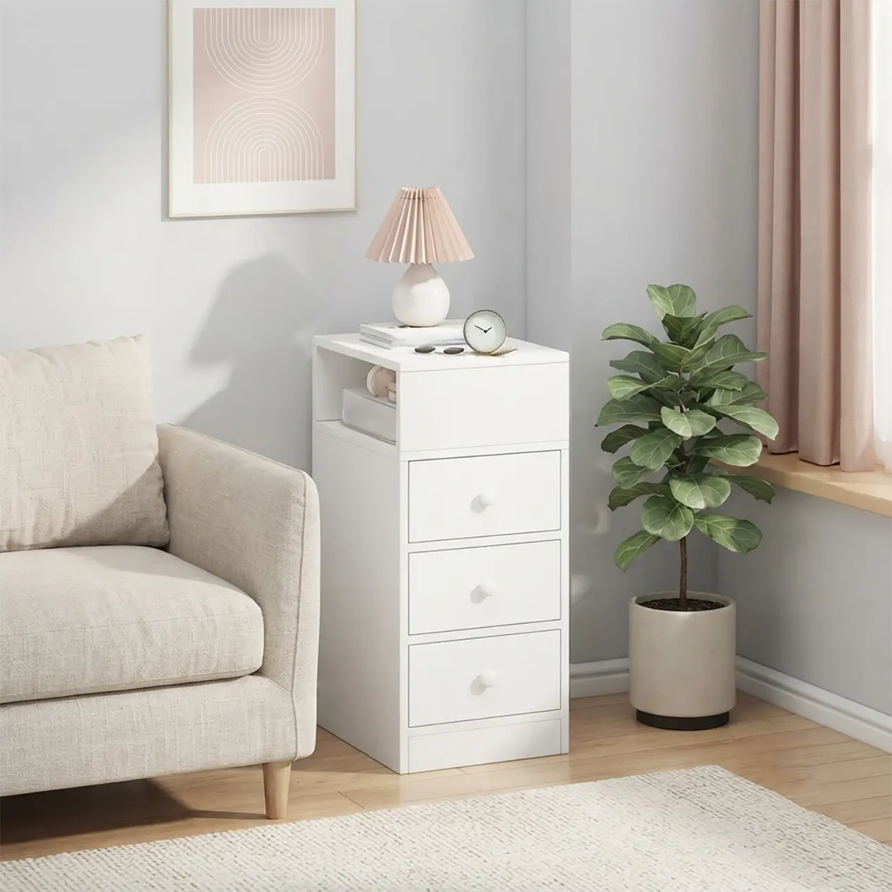 Wood Finish White Narrow Length Multi-Drawers Cabinet Image - 2 | homeyfad